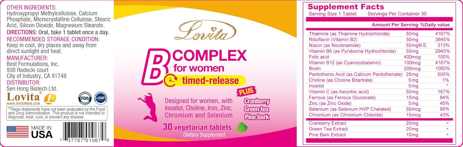 High Potency Timed Release B Complex Supplement for Women with Iron, Vitamin C, Cranberry, Pine Bark, Green Tea - 30 Vegetarian Tablets