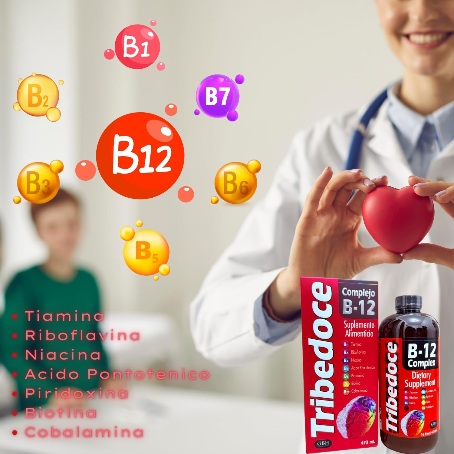 High Potency Tribedoce B-12 Complex Liquid Dietary Supplement with Thiamine, Riboflavin, Niacin, Pantothenic Acid, Pyridoxine, Biotin, and Cobalamin - 16 fl oz