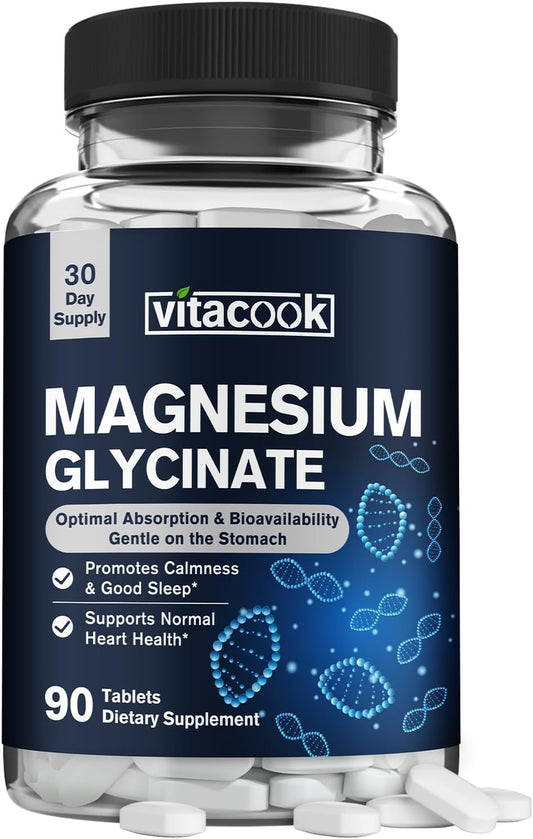 High Potency Vitacook Magnesium Glycinate Tablets - 300mg for Calmness, Mood & Heart Support - Non-GMO, Ultra-Absorbable - 90 Count