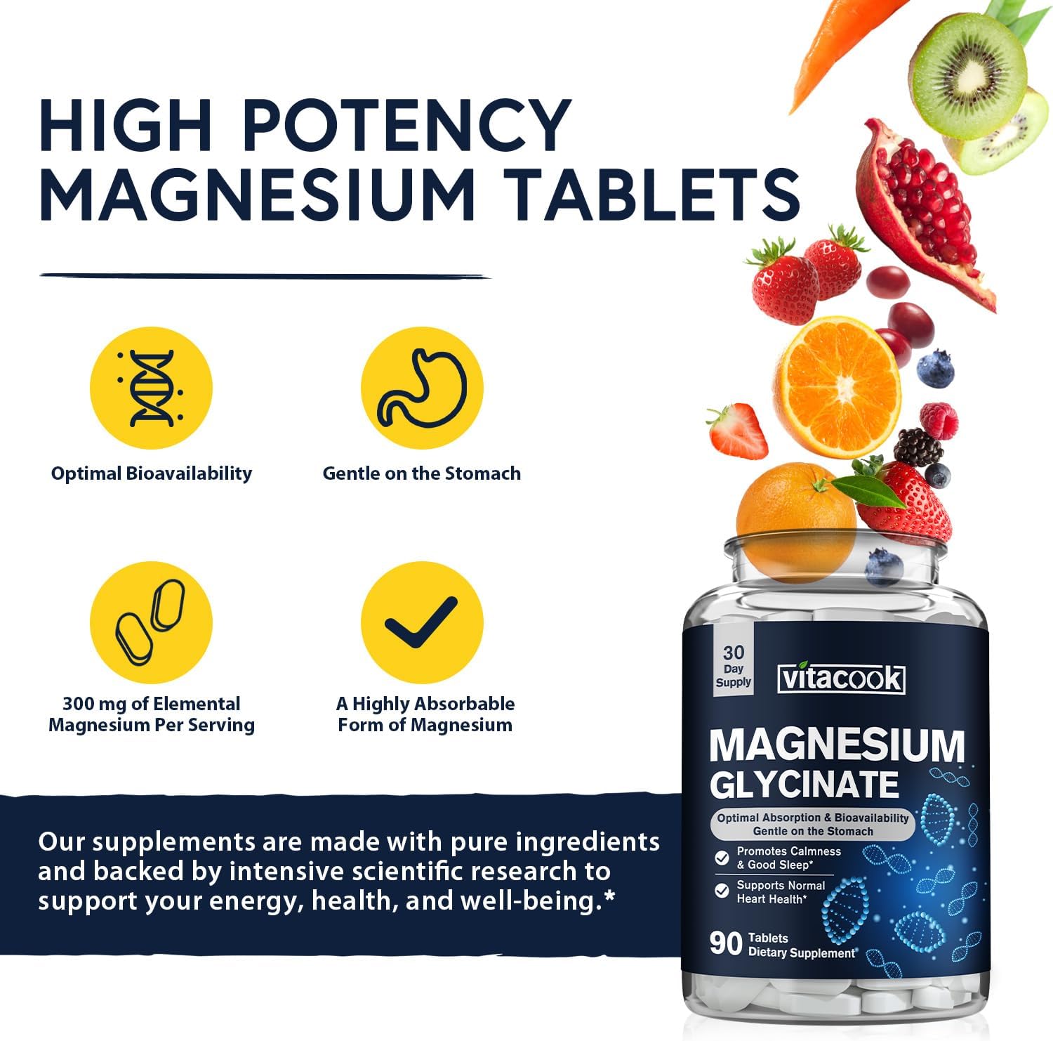 High Potency Vitacook Magnesium Glycinate Tablets - 300mg for Calmness, Mood & Heart Support - Non-GMO, Ultra-Absorbable - 90 Count