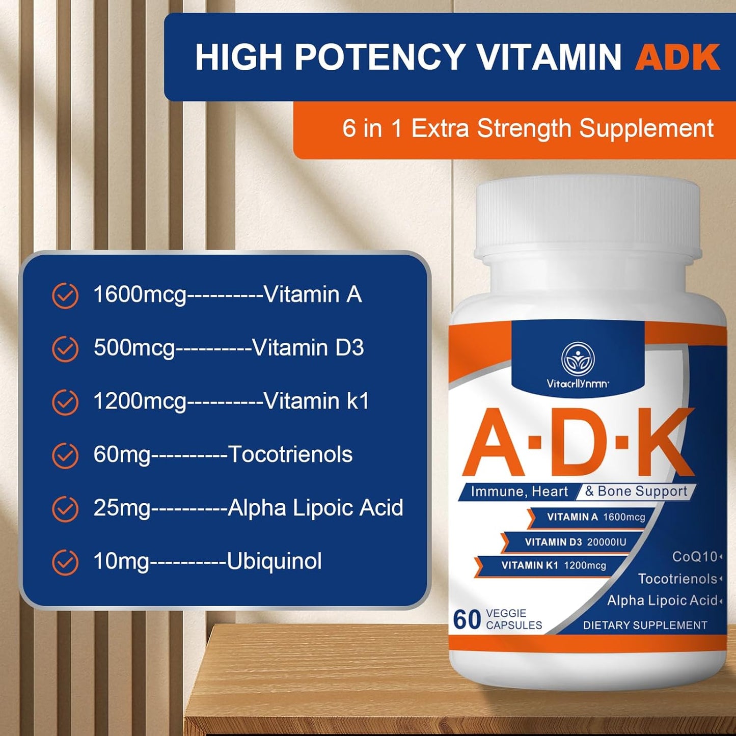 High Potency VITACRLLYNMN ADK Vitamin Supplement 20000 IU - Heart, Bone Health, Immune Support - 120 Capsules