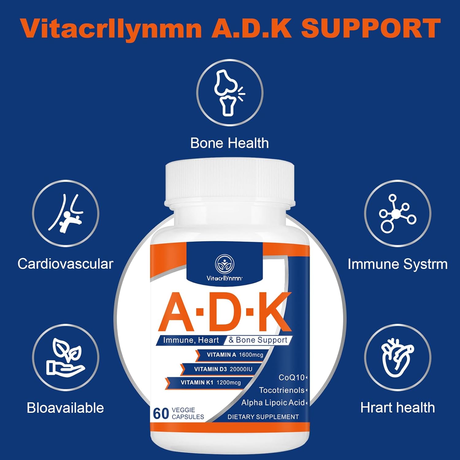 High Potency Vitamin ADK Supplement - 20000 IU - Heart, Bone, and Immune Support - 180 Capsules