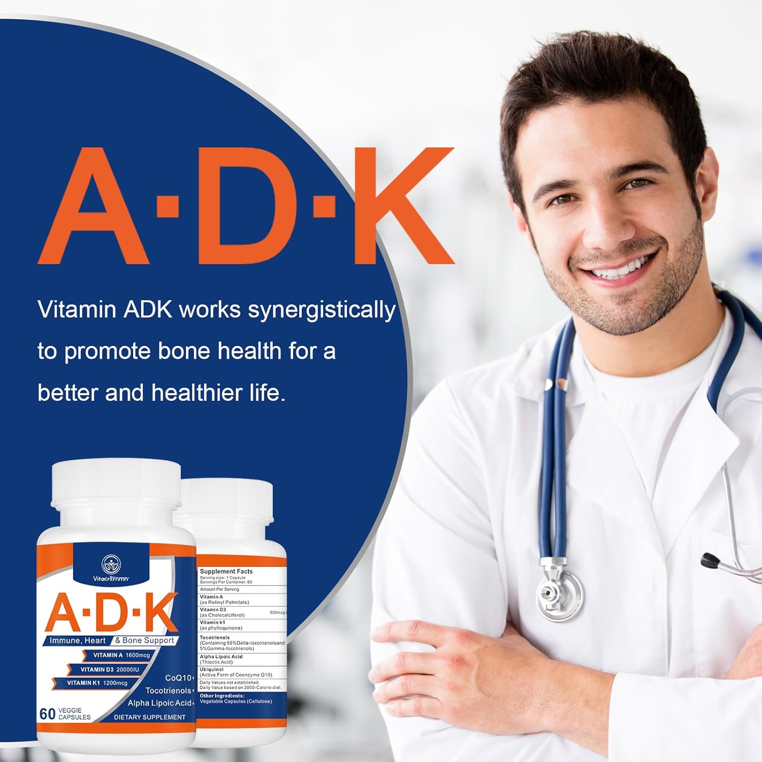 High Potency Vitamin ADK Supplement - 20000 IU - Heart, Bone, and Immune Support - 180 Capsules
