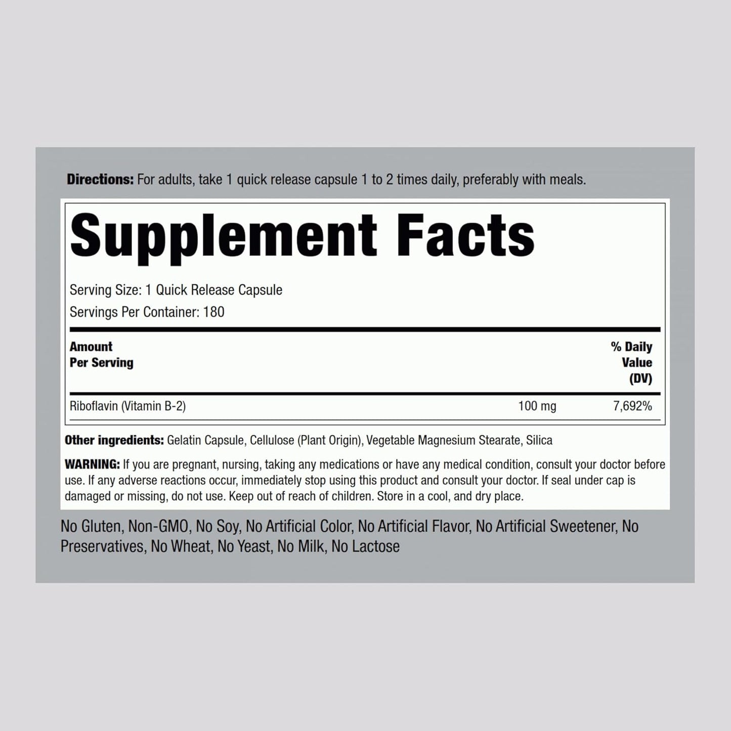 High-Potency Vitamin B2 100mg Capsules - 180 Count - Riboflavin Supplement for Vegetarians - Non-GMO & Gluten Free