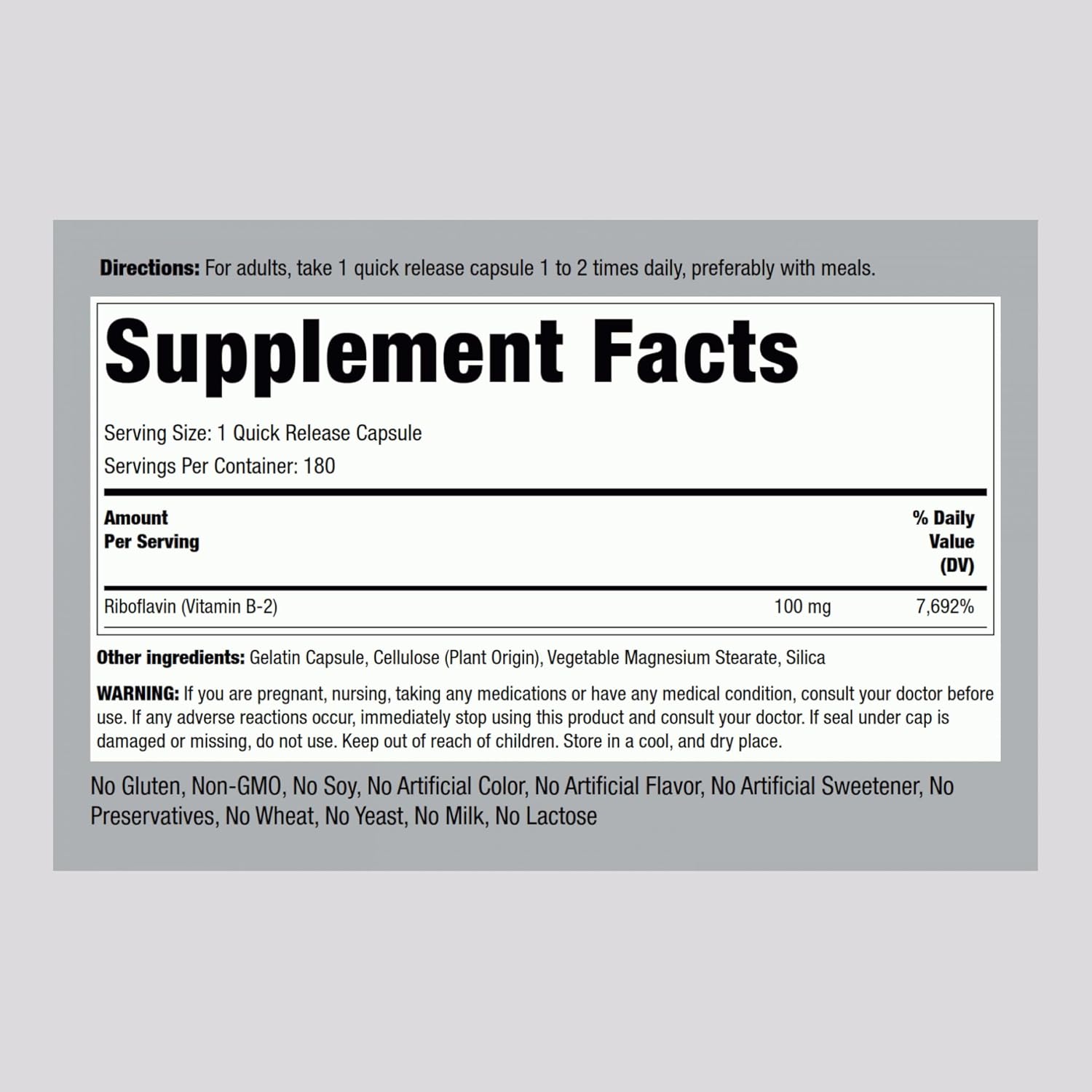 High-Potency Vitamin B2 100mg Capsules - 180 Count - Riboflavin Supplement for Vegetarians - Non-GMO & Gluten Free