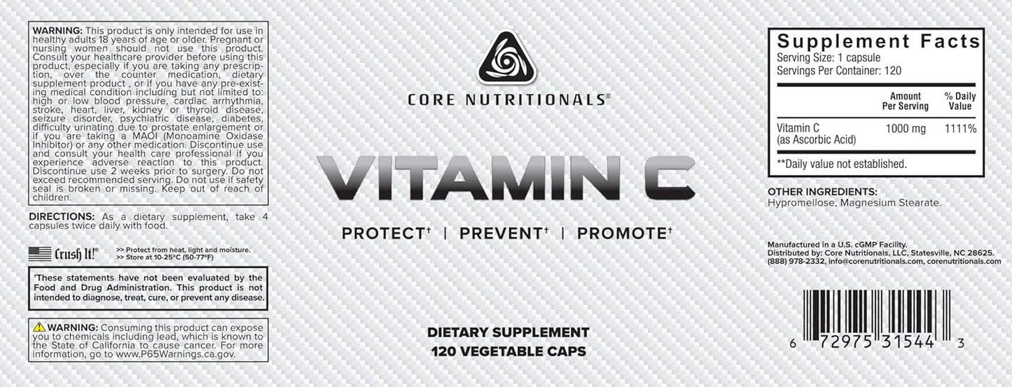 High Potency Vitamin C Supplement - 1000mg, 120 Capsules by Core Nutritionals