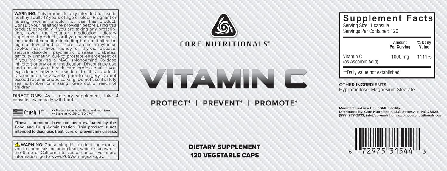 High Potency Vitamin C Supplement - 1000mg, 120 Capsules by Core Nutritionals