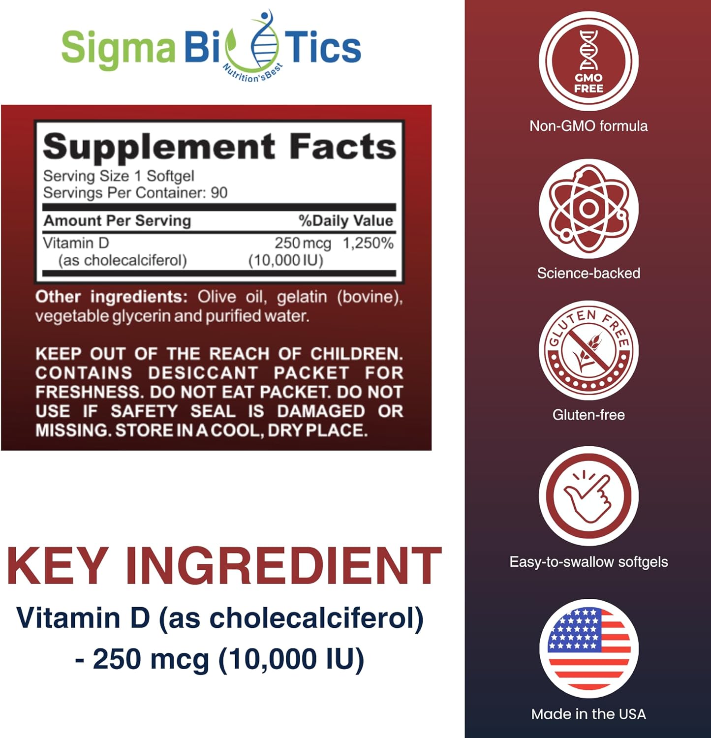 High-Potency Vitamin D 10,000 IU Softgels for Bone & Immune Support - Non-GMO Calcium Absorption Supplement - 250 mcg Cholecalciferol - 60 Softgels