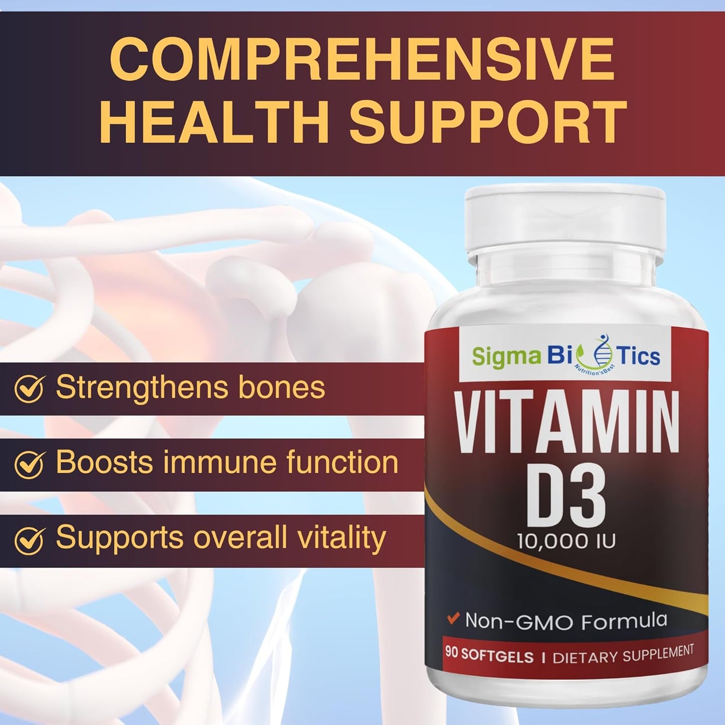 High-Potency Vitamin D 10,000 IU Softgels for Bone & Immune Support - Non-GMO Calcium Absorption Supplement - 250 mcg Cholecalciferol - 60 Softgels