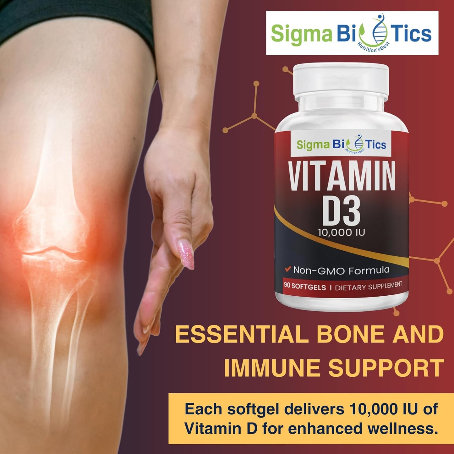 High-Potency Vitamin D 10,000 IU Softgels for Bone & Immune Support - Non-GMO Calcium Absorption Supplement - 250 mcg Cholecalciferol - 60 Softgels