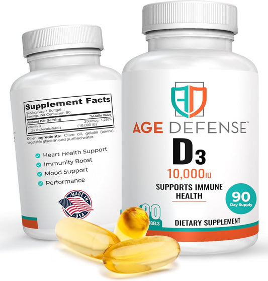 High Potency Vitamin D3 10000 IU Softgels - 90 Count for Heart, Immune & Muscle Support - Men & Women - 250 mcg - Age Defense Formula