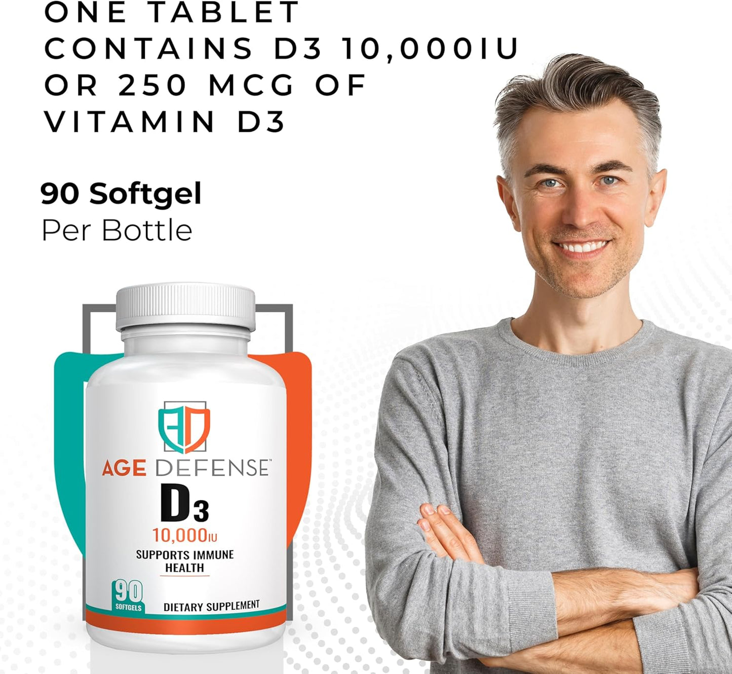 High Potency Vitamin D3 10000 IU Softgels - 90 Count for Heart, Immune & Muscle Support - Men & Women - 250 mcg - Age Defense Formula