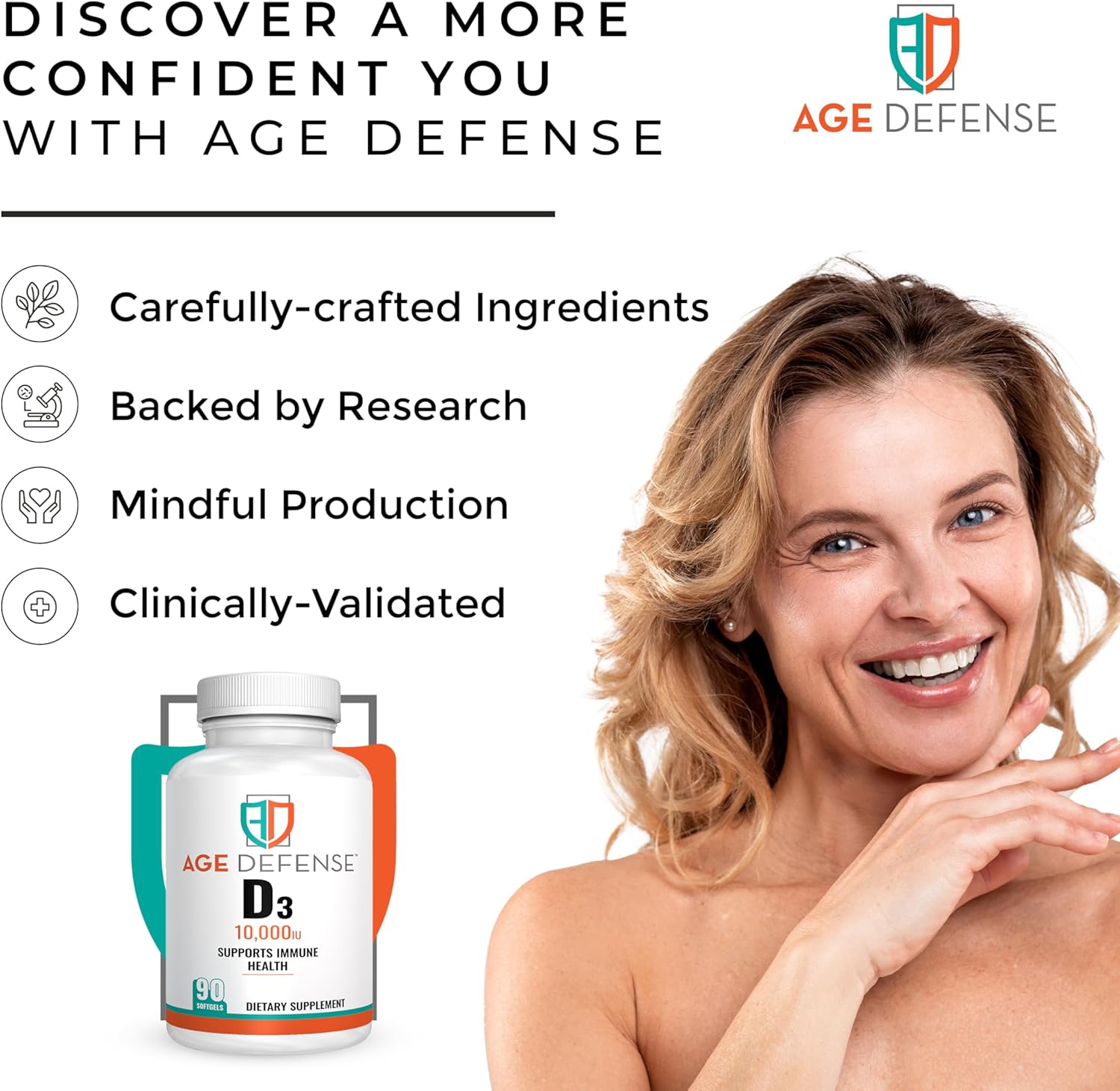 High Potency Vitamin D3 10000 IU Softgels - 90 Count for Heart, Immune & Muscle Support - Men & Women - 250 mcg - Age Defense Formula