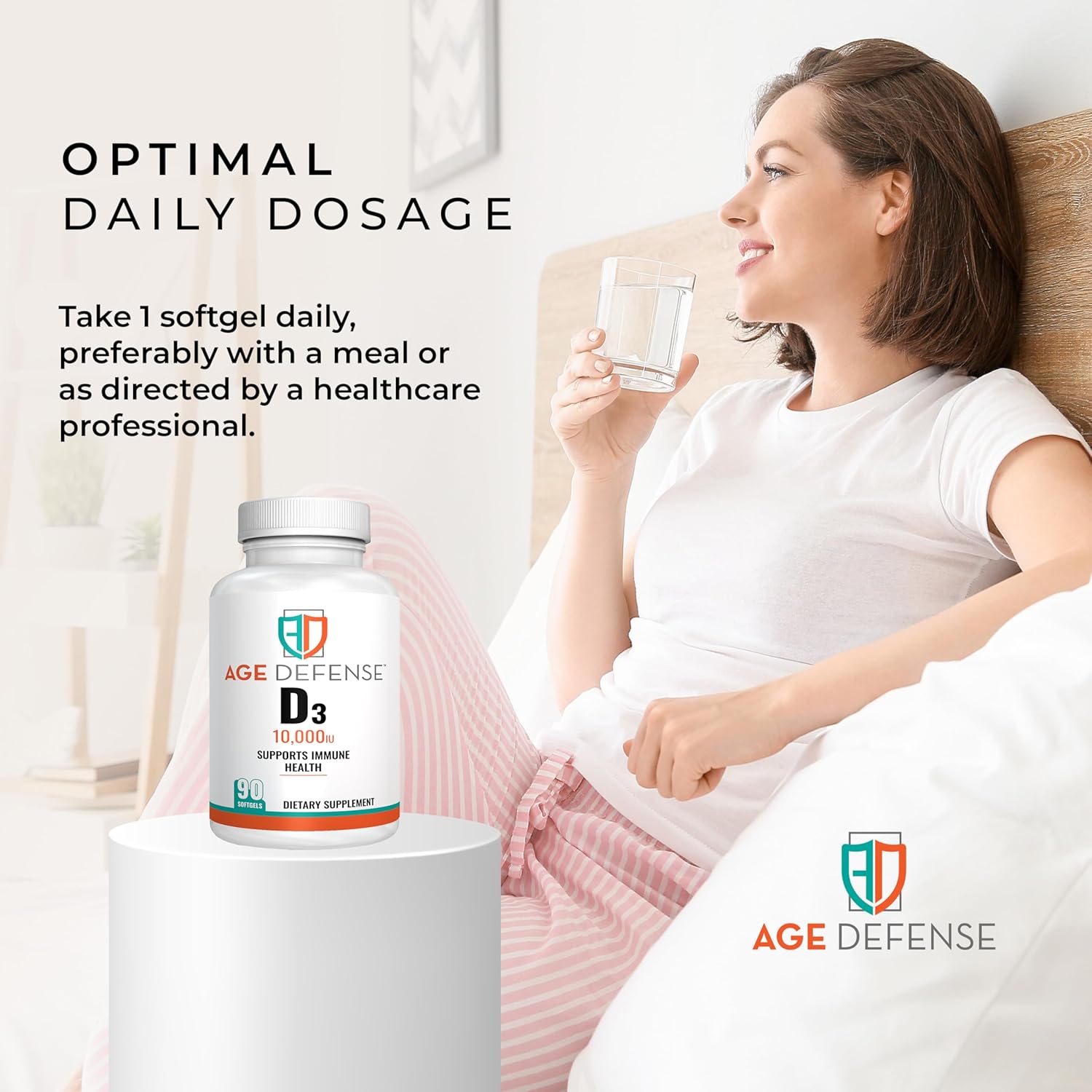 High Potency Vitamin D3 10000 IU Softgels - 90 Count for Heart, Immune & Muscle Support - Men & Women - 250 mcg - Age Defense Formula