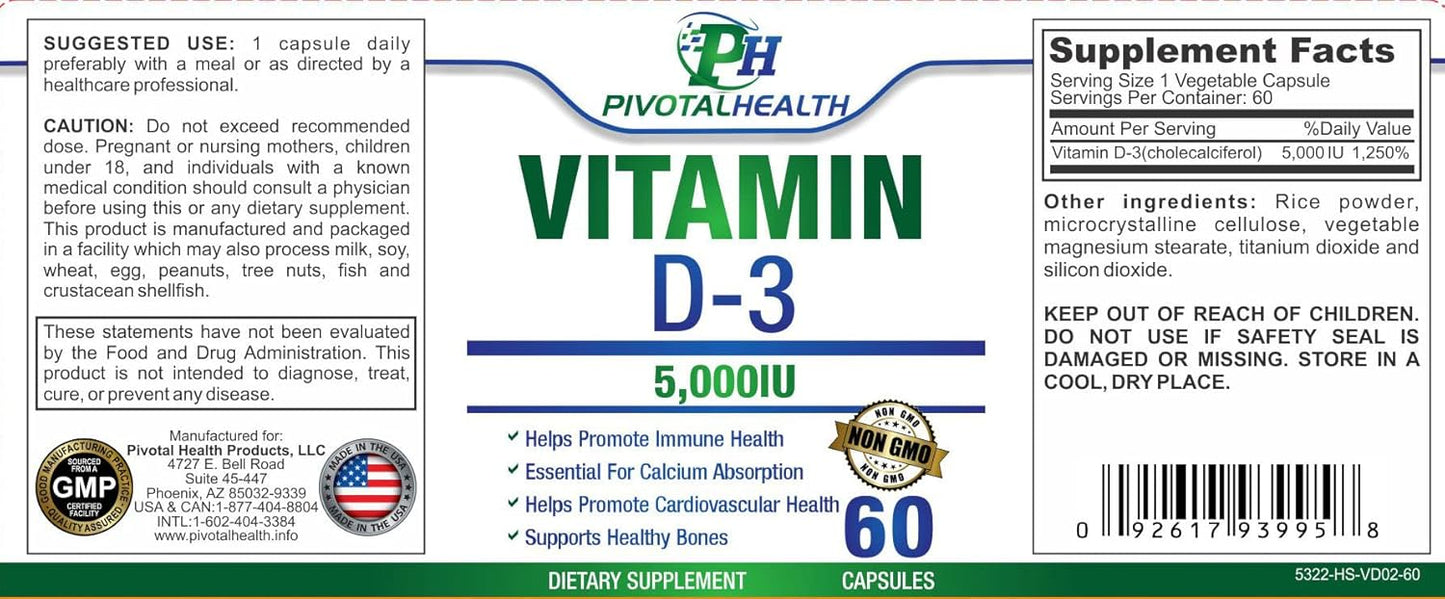 High Potency Vitamin D3 Capsules - 5,000 IU for Quick Absorption