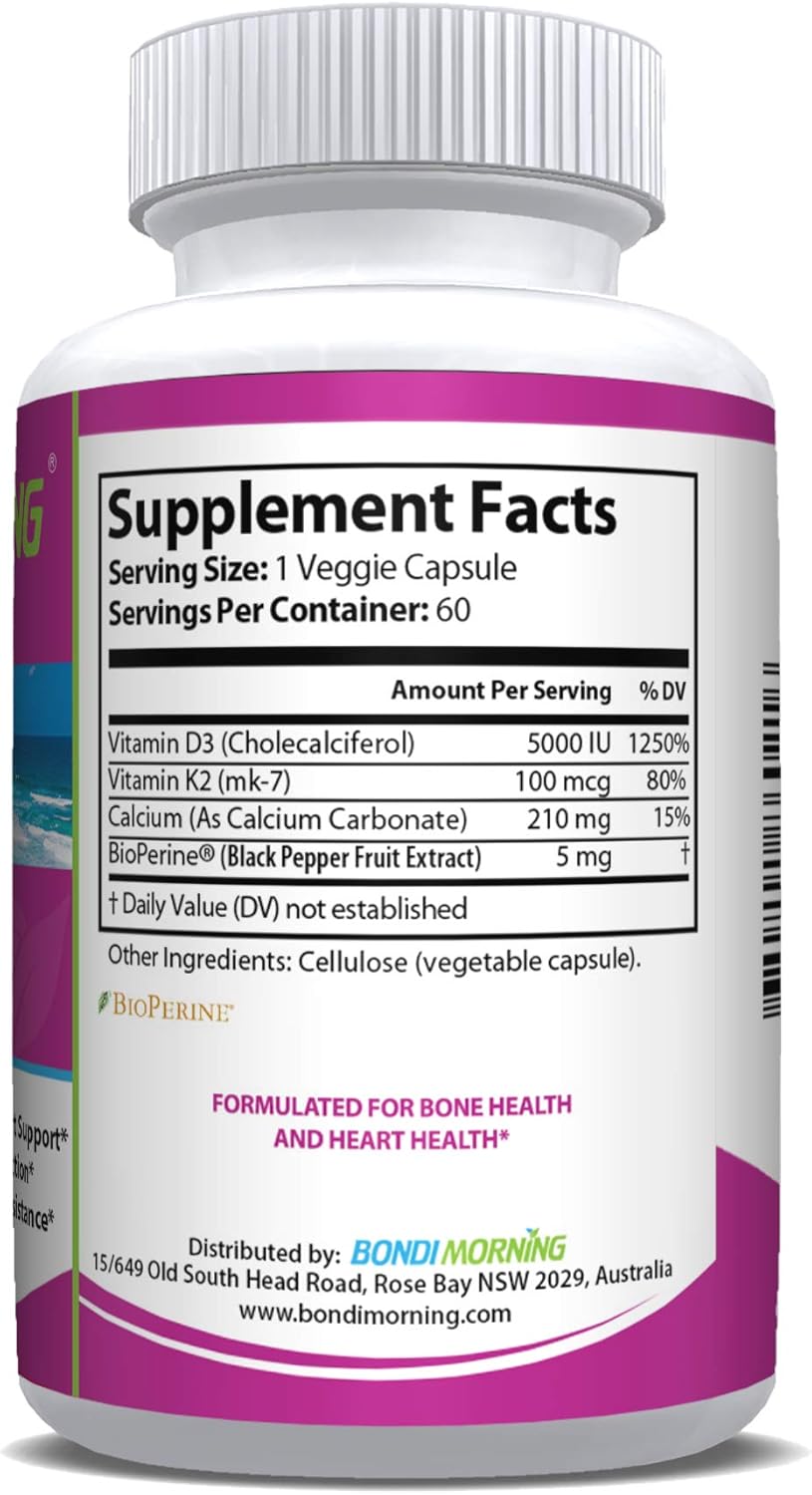 High Potency Vitamin D3 & K2 Supplement for Bone & Heart Health - 5000IU D3 & 100mg K2 (MK7) Capsules - 60 Vegan Capsules for Calcium Absorption