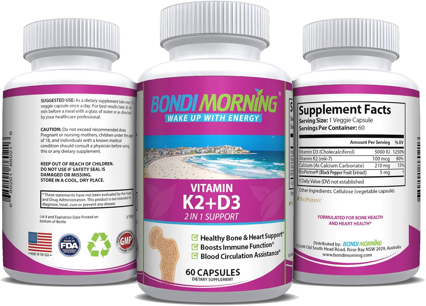 High Potency Vitamin D3 & K2 Supplement for Bone & Heart Health - 5000IU D3 & 100mg K2 (MK7) Capsules - 60 Vegan Capsules for Calcium Absorption