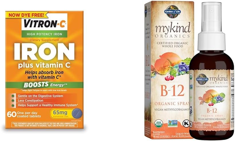 High Potency Vitron-C Iron Supplement with Vitamin C for Energy and Metabolism, Supports Red Blood Cells - Garden of Life Organics B12 Raspberry