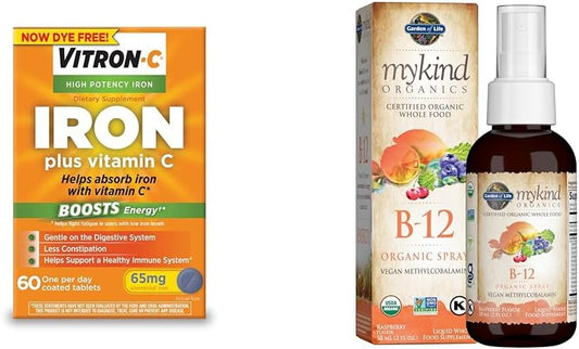 High Potency Vitron-C Iron Supplement with Vitamin C for Energy and Metabolism, Supports Red Blood Cells - Garden of Life Organics B12 Raspberry
