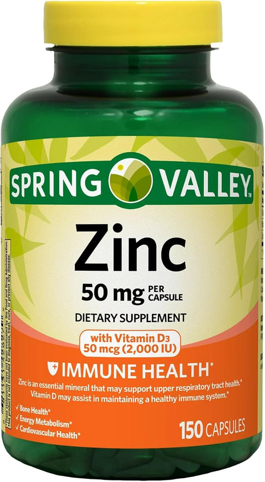 High Potency Zinc and Vitamin D Capsules Dietary Supplement, 50 mg, 150 Count - Boost Immunity and Overall Health