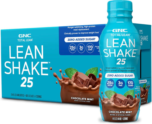 High Protein Chocolate Mint Meal Replacement Shake - GNC Lean Shake 25 Ready to Drink | 12 Bottles