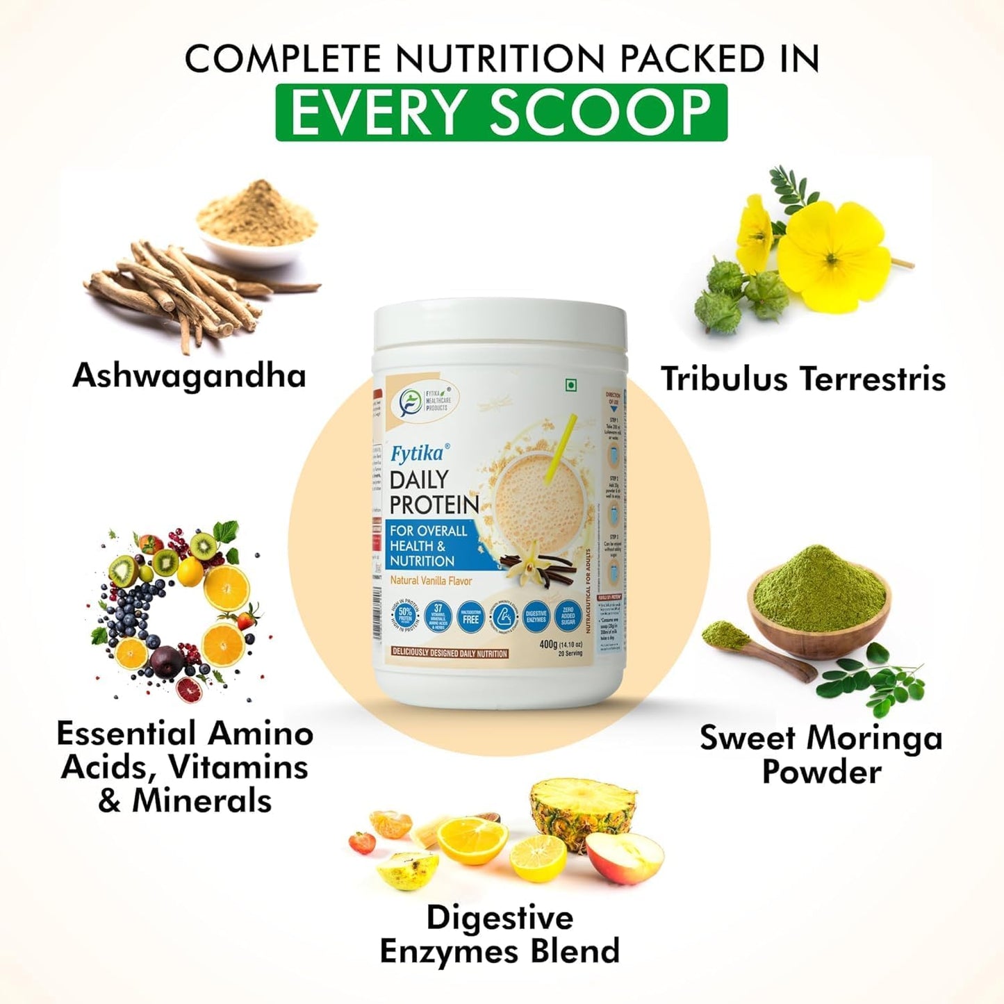 High Protein Powder with 37 Essential Vitamins & Minerals for Adults | 50% Protein Per Serving | 400G Pack | Men & Women