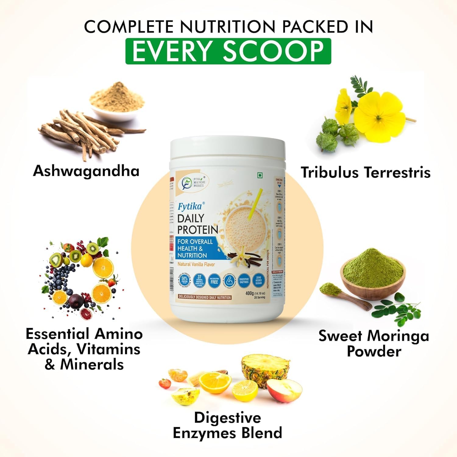 High Protein Powder with 37 Essential Vitamins & Minerals for Adults | 50% Protein Per Serving | 400G Pack | Men & Women