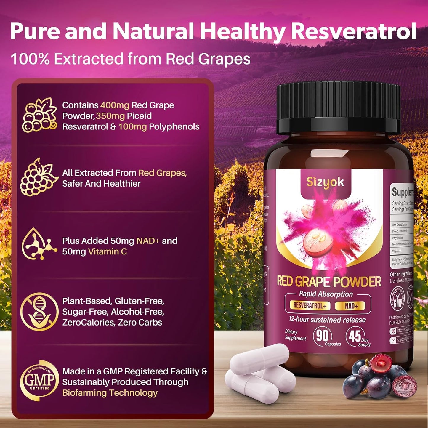 High Purity Resveratrol and NAD+ Supplement for Heart Health & Energy Production, Red Grape Powder, 45 Day Supply
