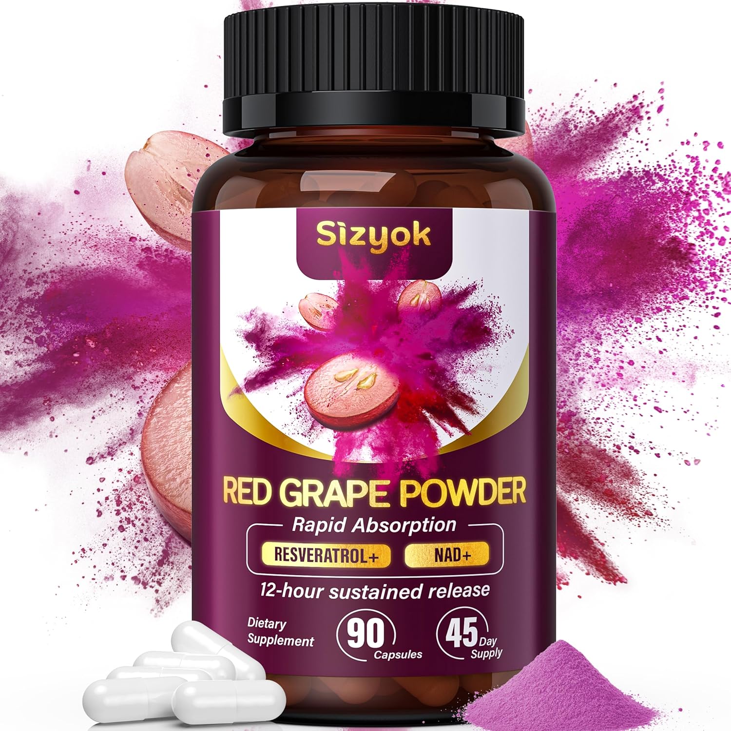 High Purity Sizyok Piceid Resveratrol & NAD+ Supplement for Heart Health & Energy Production, Red Grape Powder, 45 Day Supply
