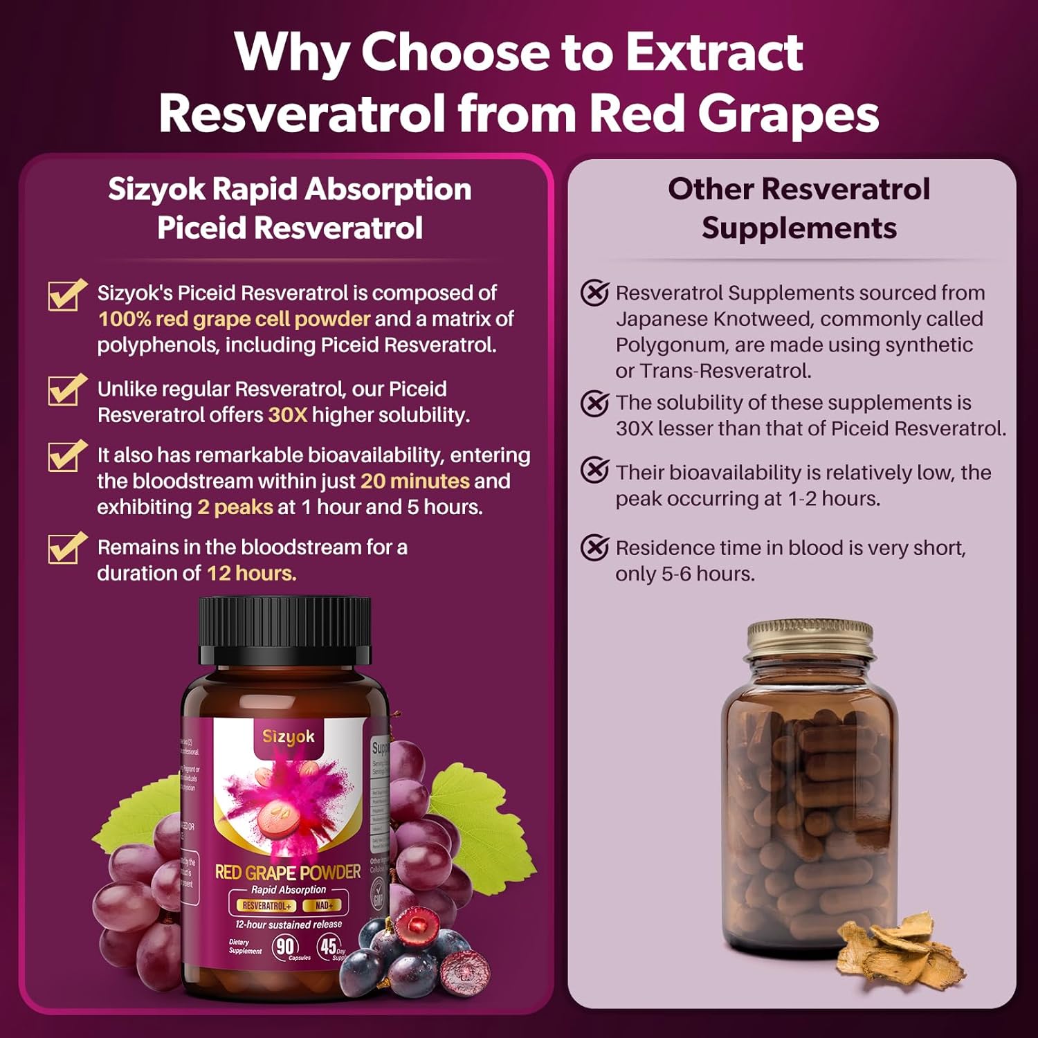High Purity Sizyok Piceid Resveratrol Supplement for Heart Health & Cellular Energy, Red Grape Powder with NAD+ Cell Regenerator, 45 Day Supply