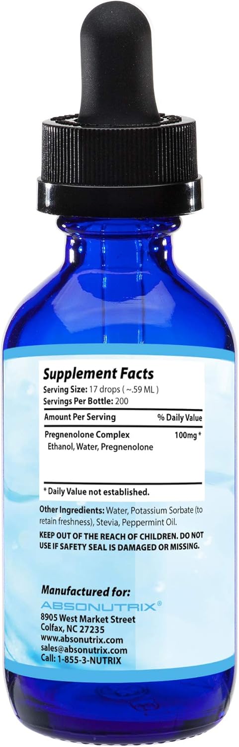 High-Quality Absonutrix Pregnenolone Supplement 100mg Liquid - 4 Oz Bottle with 200 Servings, Made in USA, Third-Party Tested, Non-GMO, GMP Certified, Cruelty-Free Formula for Quick Absorption