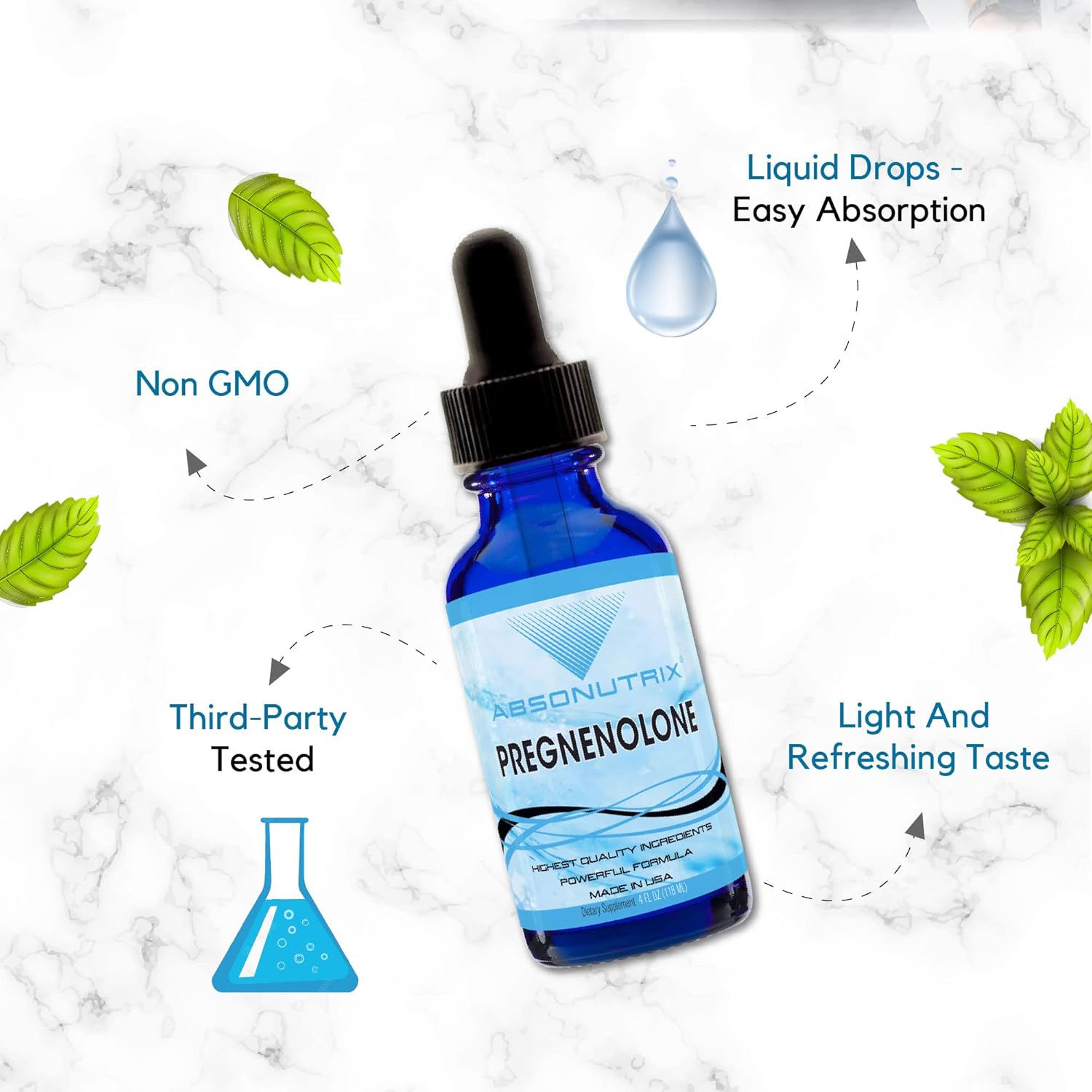High-Quality Absonutrix Pregnenolone Supplement 100mg Liquid - 4 Oz Bottle with 200 Servings, Made in USA, Third-Party Tested, Non-GMO, GMP Certified, Cruelty-Free Formula for Quick Absorption