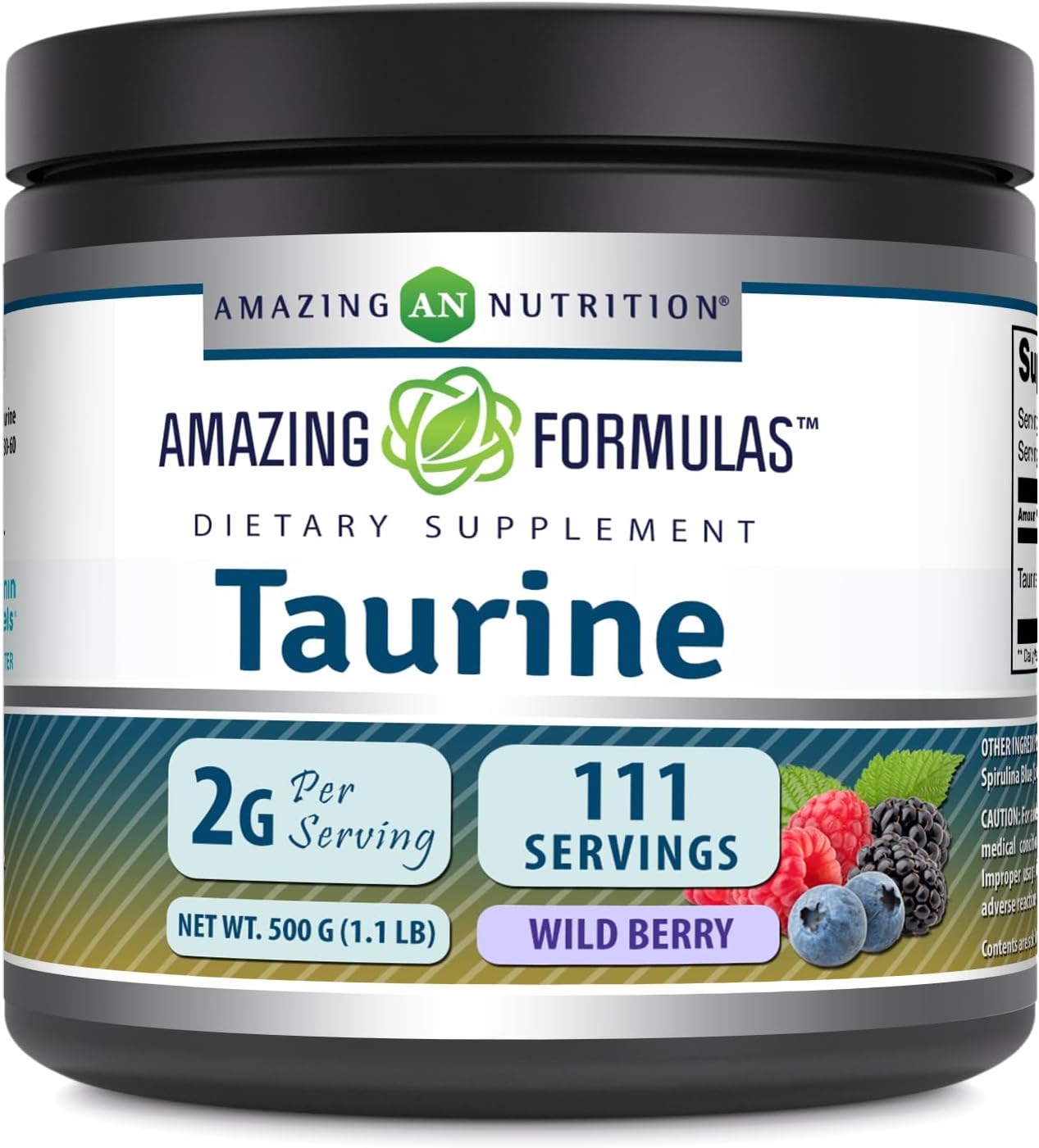 High-Quality Amazing Nutrition Taurine Powder Supplement - 500 Grams (1.1 Lb) | 2000 mg Per Serving | Non-GMO, Gluten Free, Made in USA - Wild Berry Flavor