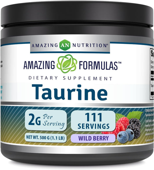 High-Quality Amazing Nutrition Taurine Powder Supplement - 500 Grams (1.1 Lb) | 2000 mg Per Serving | Non-GMO, Gluten Free, Made in USA - Wild Berry Flavor