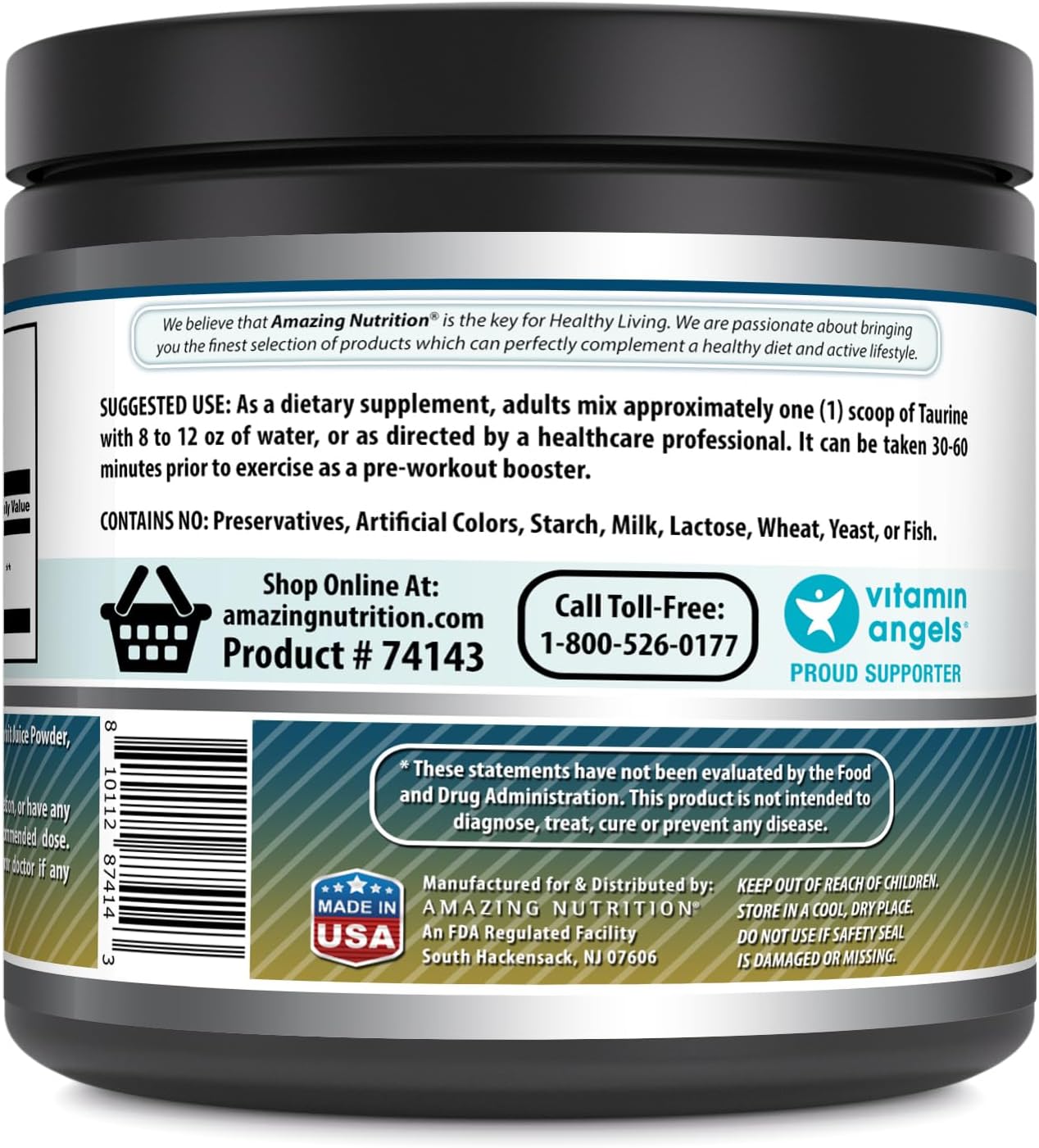 High-Quality Amazing Nutrition Taurine Powder Supplement - 500 Grams (1.1 Lb) | 2000 mg Per Serving | Non-GMO, Gluten Free, Made in USA - Wild Berry Flavor