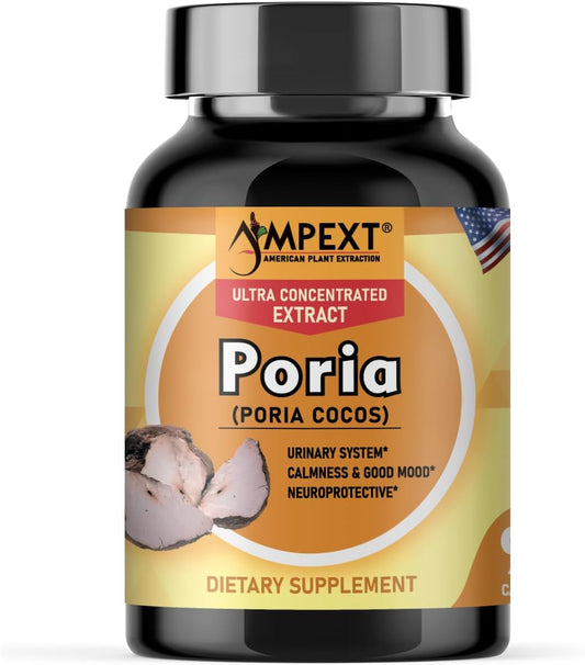 High-Quality AMPEXT Poria Cocos Mushroom Extract Capsules - Antioxidant, Kidney & Cardiovascular Support, Promotes Calmness & Good Mood, 90 Veg Capsules