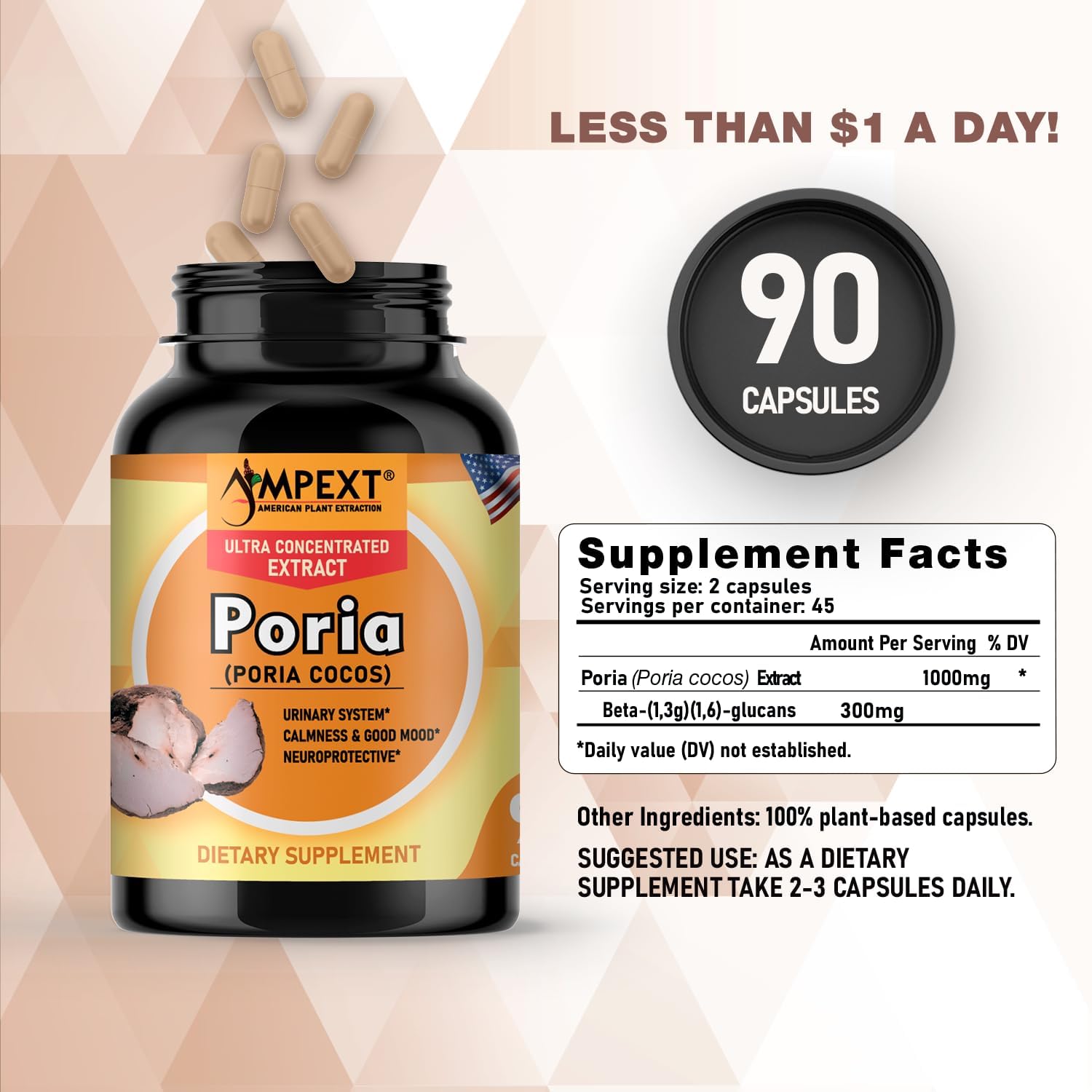 High-Quality AMPEXT Poria Cocos Mushroom Extract Capsules - Antioxidant, Kidney & Cardiovascular Support, Promotes Calmness & Good Mood, 90 Veg Capsules