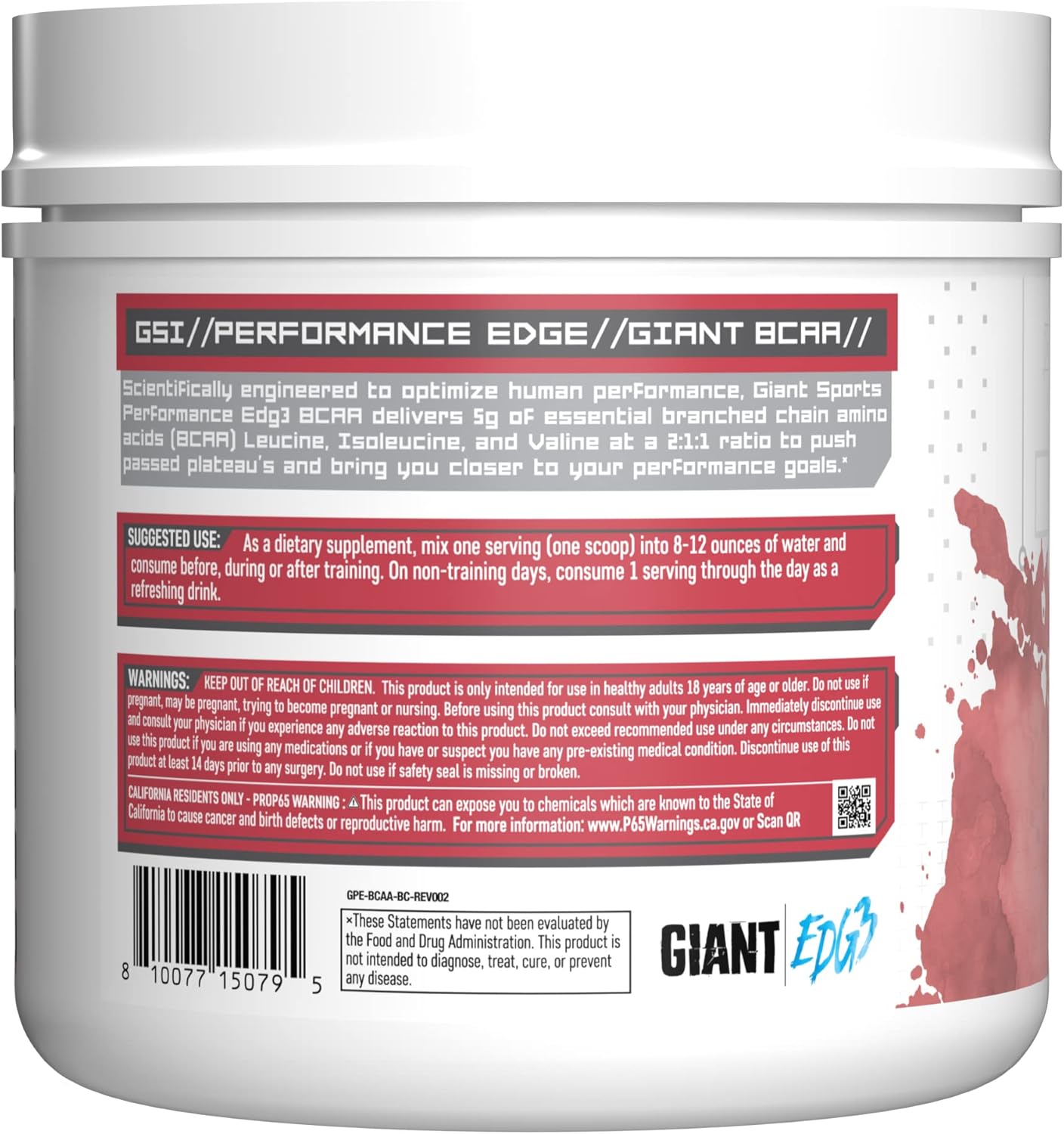 High-Quality Giant Performance Edge BCAA Supplement - 60 Servings in Black Cherry Flavor