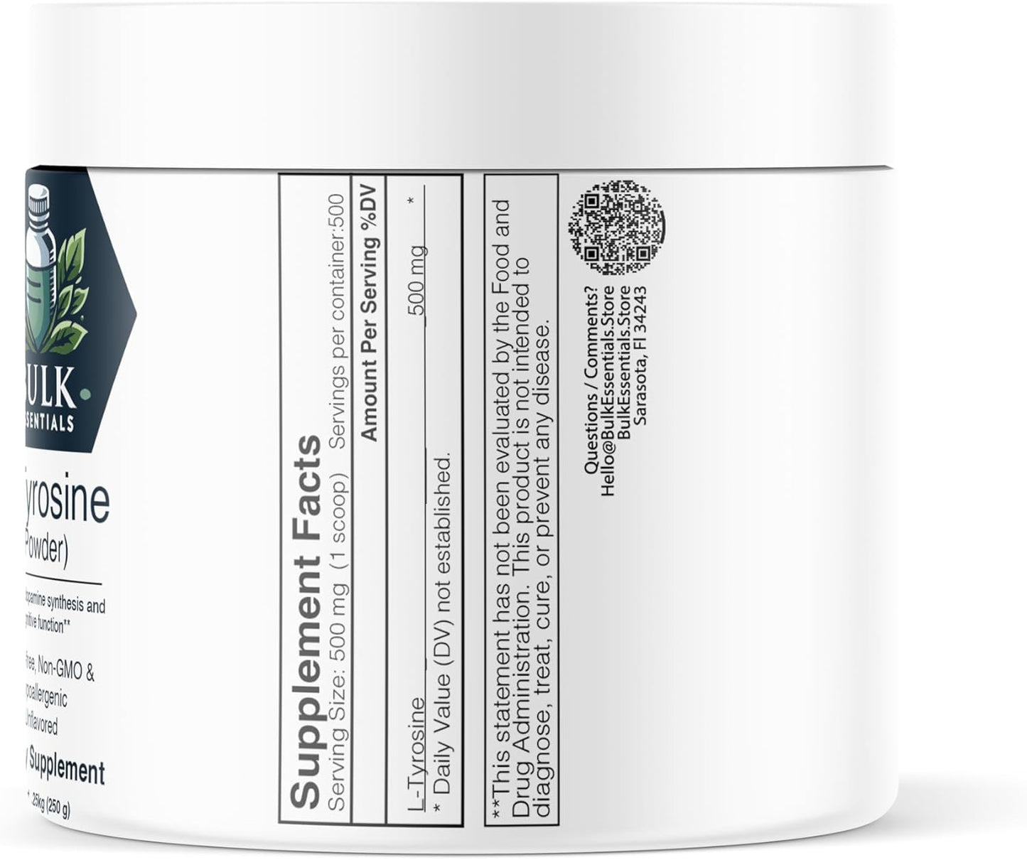 High-Quality L-Tyrosine Powder Supplement - Non-Essential Amino Acid - Gluten Free - 500mg per Serving - 250g Bulk Size