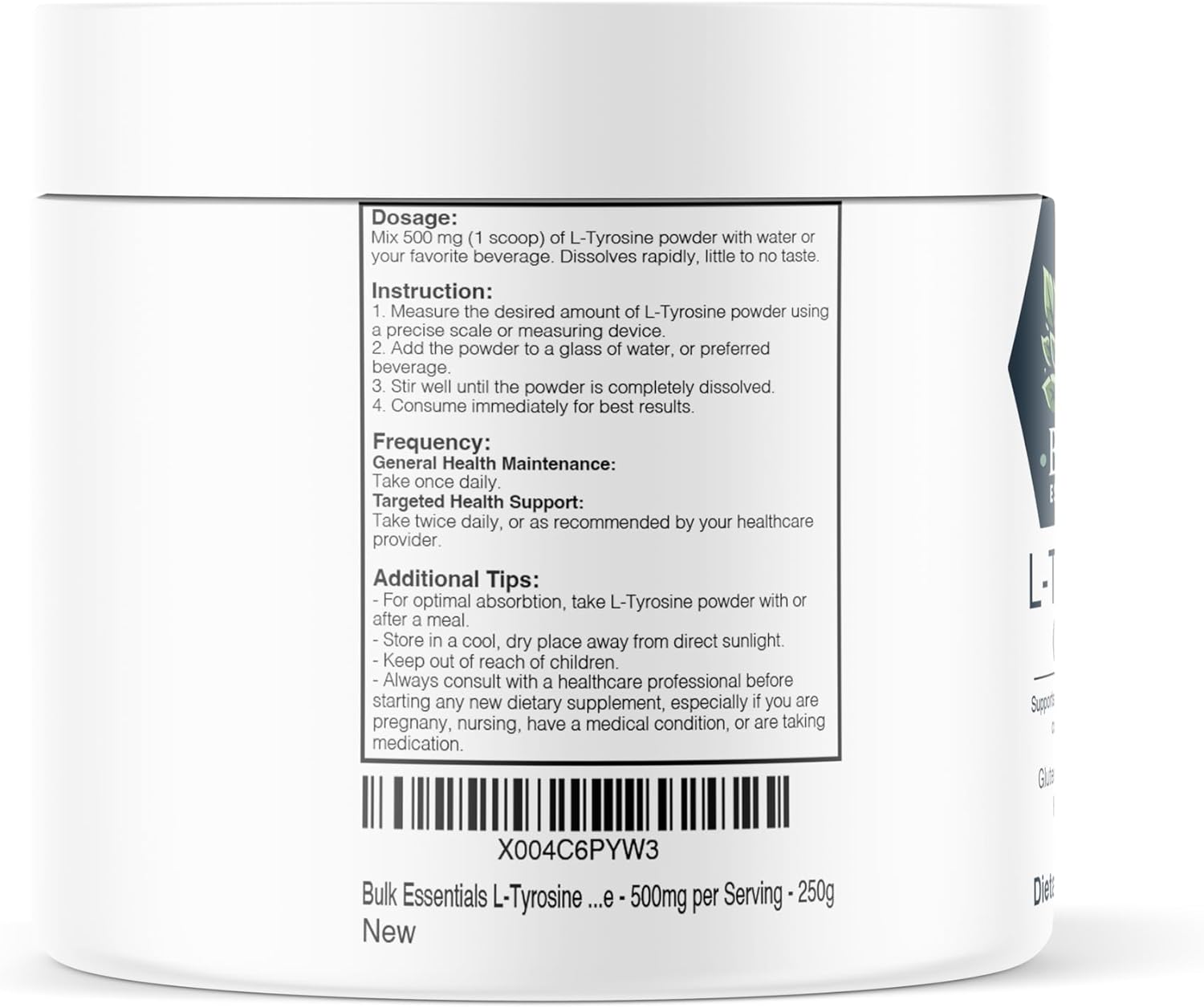 High-Quality L-Tyrosine Powder Supplement - Non-Essential Amino Acid - Gluten Free - 500mg per Serving - 250g Bulk Size