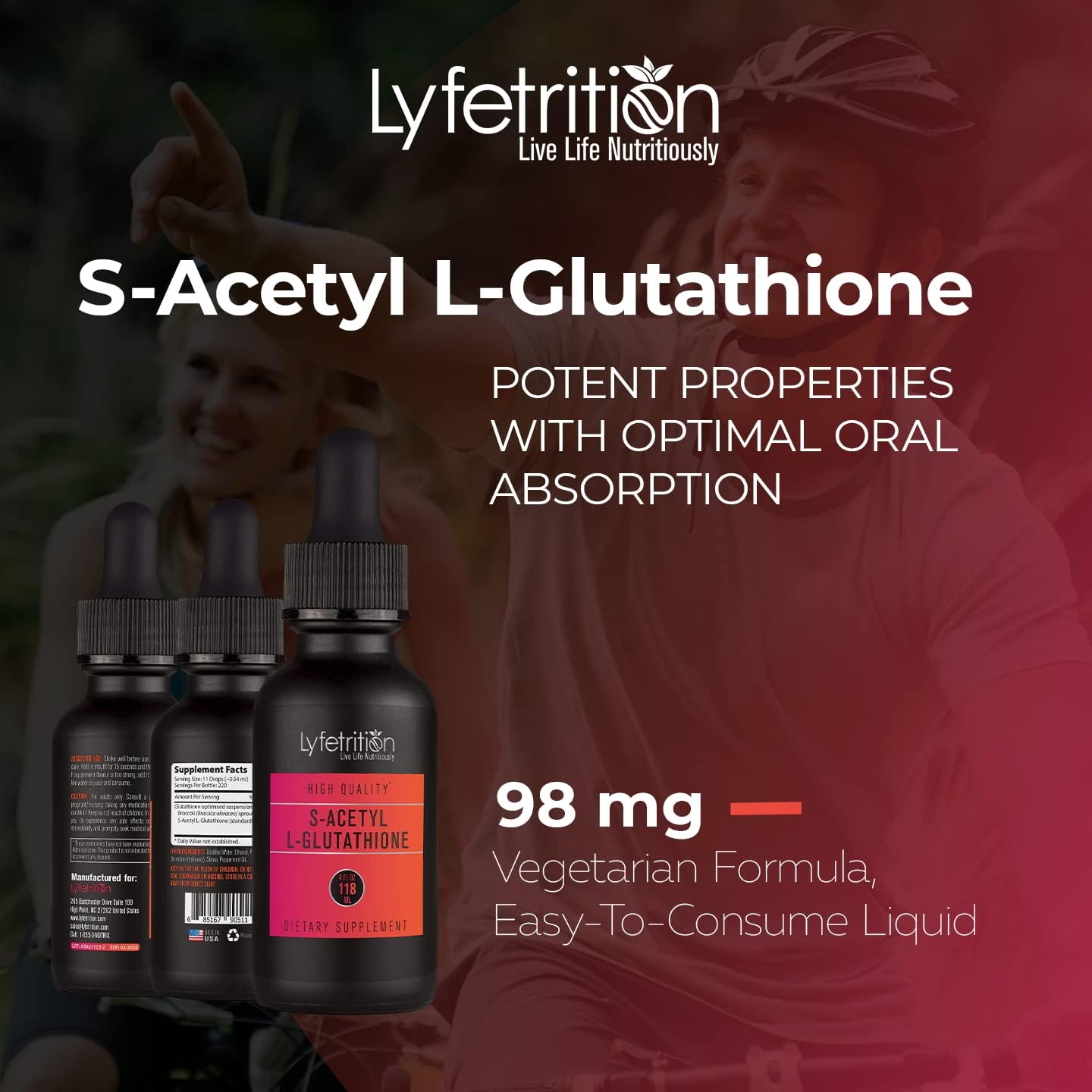 High-Quality Lyfetrition S-Acetyl L-Glutathione Liquid Supplement - 98mg, 4 Oz - 220 Servings - Made in USA - Fast Absorption - Potent Ingredients - Third-Party Tested - Non-GMO - GMP Certified - Cruelty-Free