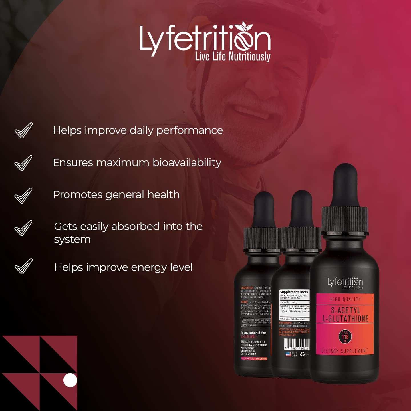 High-Quality Lyfetrition S-Acetyl L-Glutathione Liquid Supplement - 98mg, 4 Oz - 220 Servings - Made in USA - Fast Absorption - Potent Ingredients - Third-Party Tested - Non-GMO - GMP Certified - Cruelty-Free
