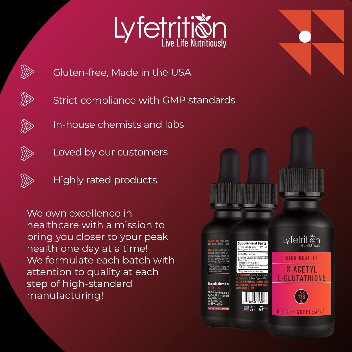 High-Quality Lyfetrition S-Acetyl L-Glutathione Liquid Supplement - 98mg, 4 Oz - 220 Servings - Made in USA - Fast Absorption - Potent Ingredients - Third-Party Tested - Non-GMO - GMP Certified - Cruelty-Free