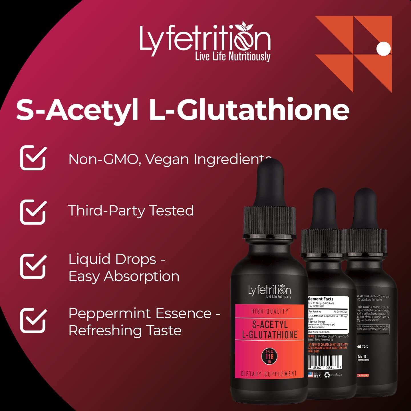 High-Quality Lyfetrition S-Acetyl L-Glutathione Liquid Supplement - 98mg, 4 Oz - 220 Servings - Made in USA - Fast Absorption - Potent Ingredients - Third-Party Tested - Non-GMO - GMP Certified - Cruelty-Free