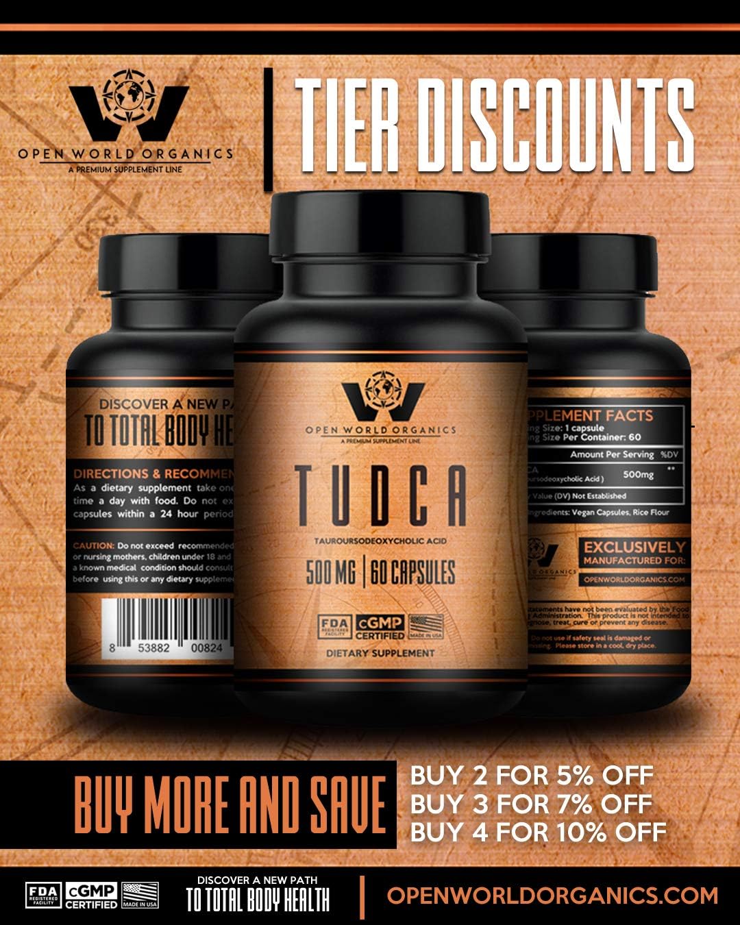 High-Quality Open World Organics TUDCA Supplement - 500 mg Per Serving - 60 Servings - Tauroursodeoxycholic Acid - cGMP Facility Made