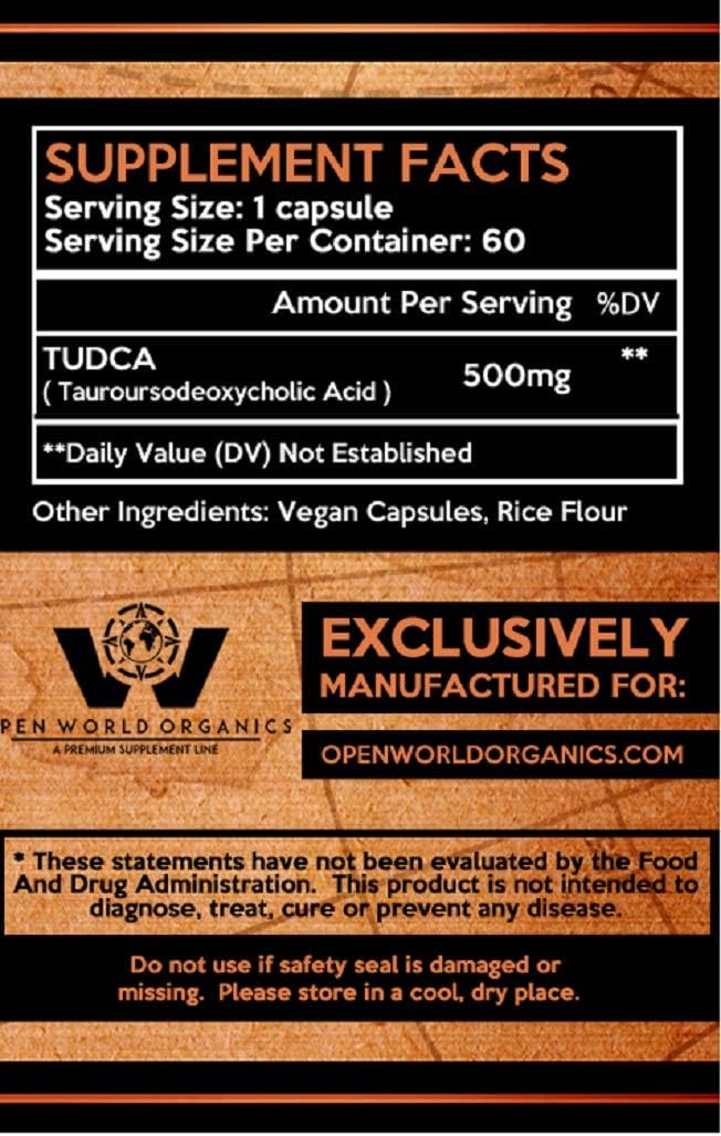High-Quality Open World Organics TUDCA Supplement - 500 mg Per Serving - 60 Servings - Tauroursodeoxycholic Acid - cGMP Facility Made
