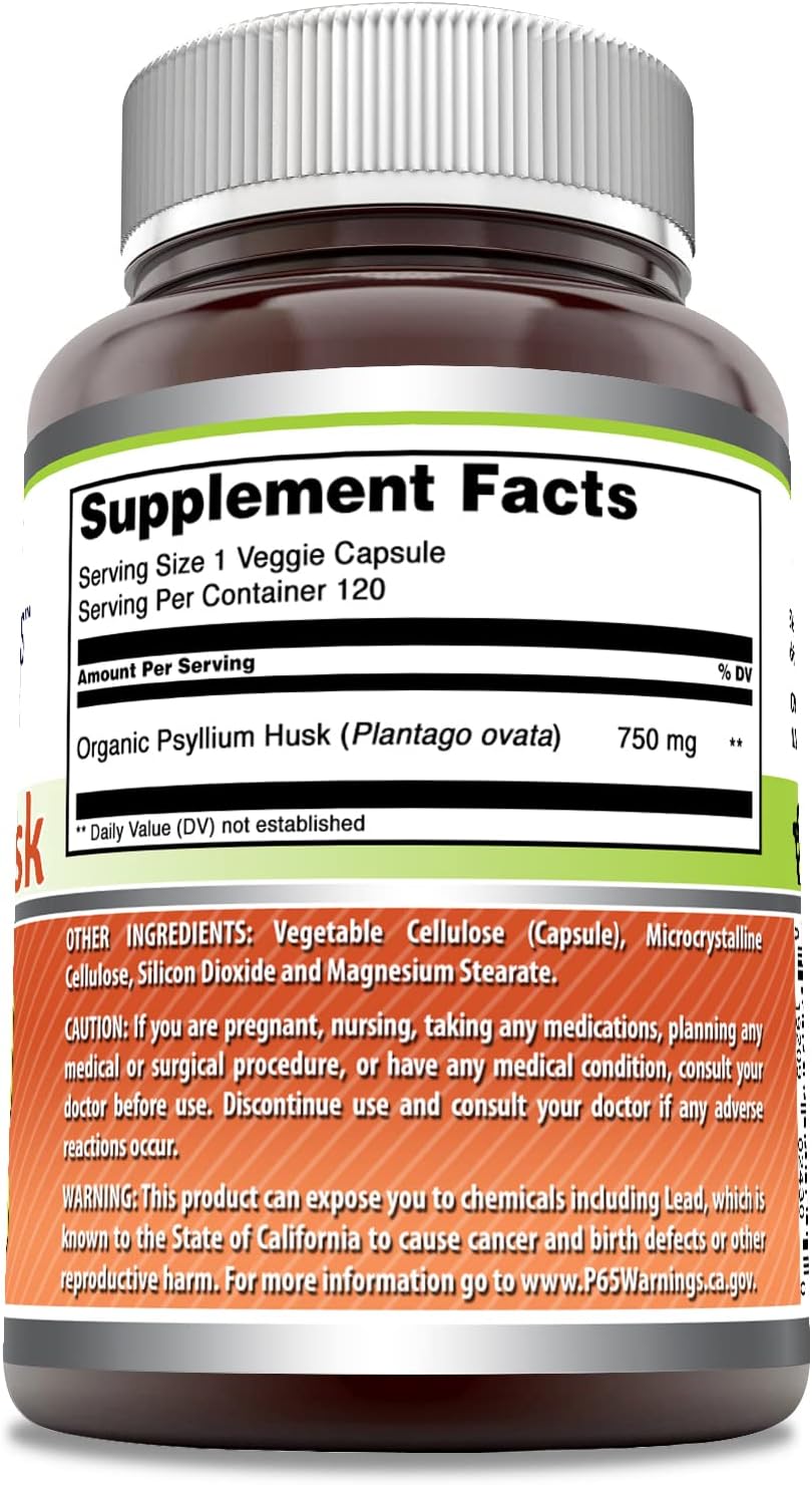 High-Quality Psyllium Husk 750mg Veggie Capsules Supplement | Non-GMO, Gluten Free | 120 Count, Made in USA, Vegetarian Friendly