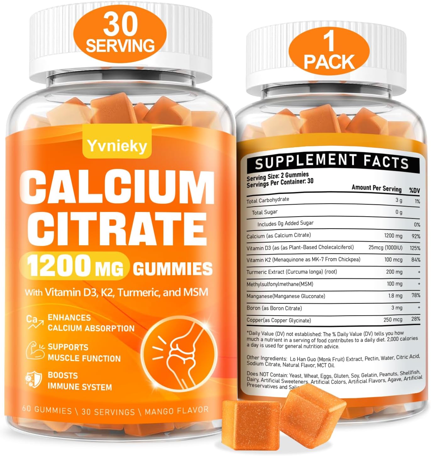 High Strength Calcium Citrate Gummies with Vitamin D3, K2, Turmeric, and MSM - Supports Muscle Strength and Immune Health - Sugar-Free Natural Mango Flavor - Ideal for Adults