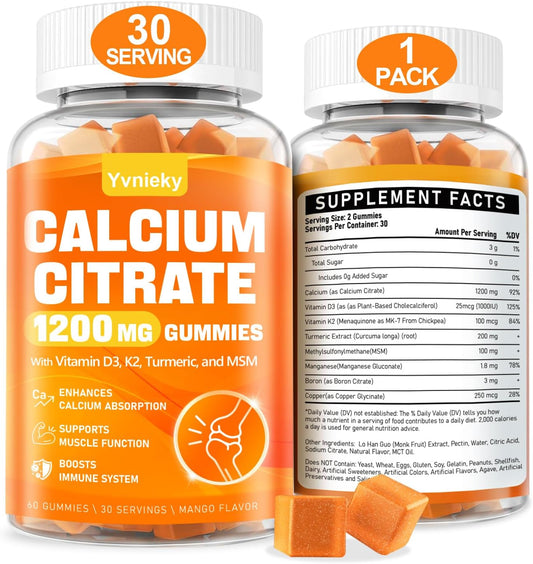 High Strength Calcium Citrate Gummies with Vitamin D3, K2, Turmeric, and MSM - Supports Muscle Strength and Immune Health - Sugar-Free Natural Mango Flavor - Ideal for Adults