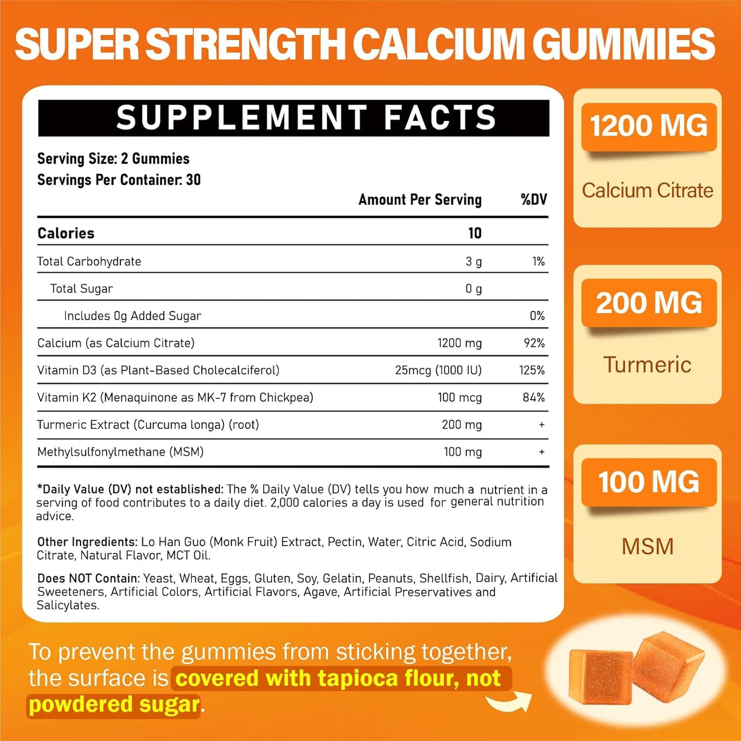 High Strength Calcium Citrate Gummies with Vitamin D3, K2, Turmeric, and MSM - Supports Muscle Strength and Immune Health - Sugar-Free Natural Mango Flavor - Ideal for Adults